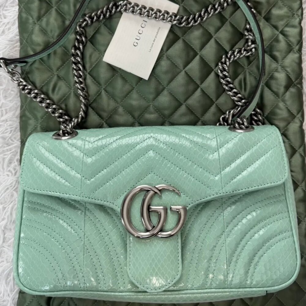 Gucci Medium Marmont Python Embossed Green Leather - image 1